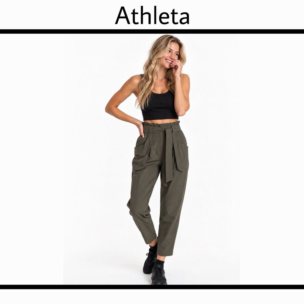 Athleta Womens Skyline Pant Size 6 Olive Gray Paperbag Waist Tie Tapered